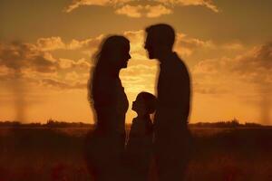 Shadow of Happy family together, parents with their little baby at sunset. A Silhouette of Love and Unity. AI Generative photo