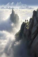 Man on top of mountain, walking through clouds, AI Generative photo