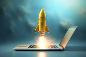 Launching a new product or service. Technology development process. Space rocket launch. 3d render. Yellow rocket lift up from the display laptop. AI Generative photo