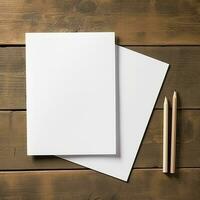 Blank White Paper Sheet on wooden table background. Generative AI photo