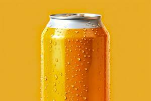 Can of fresh soda with water drops on orange background, closeup. Generative AI photo