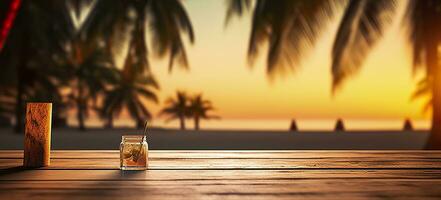 vacío de madera mesa en frente de borroso tropical playa en puesta de sol noche. de madera antecedentes en playa. ai generativo foto