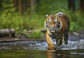 Amur tiger walking in the water. Dangerous animal.  Animal in a green forest stream. Generative AI photo