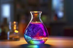 Close Up of a Science Beaker Filled with Multi Colored Liquids. AI Generative photo