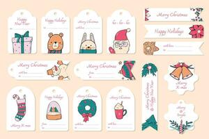 Christmas gift labels, tags, badges collection with greetings, doodles and copy space for notes. Good for stickers, prints, cards, holiday decor, etc. EPS 10 vector