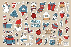 Christmas big set of hand drawn pre made stickers, cartoon elements, clip art for prints, cards, signs, posters, sublimations, etc. EPS 10 vector