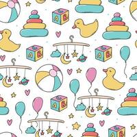 Baby's toys seamless pattern with toys and balloons on white background for nursery textile prints, wallpaper, wrapping paper, scrapbooking, stationary, etc. EPS 10 vector