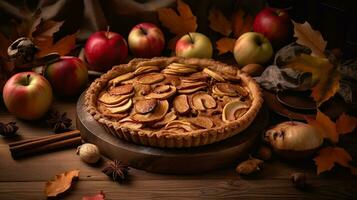 Traditional American Thanks Giving pie with whole organic apples, cinnamon sticks on wooden table. Homemade fruit tart baked to golden crust. Close up, copy space, AI Generative photo