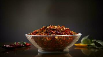 Bowl of chipotle chili flakes and dried jalapeno peppers, AI Generative photo