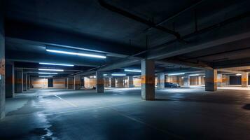 Empty shopping mall underground parking lot or garage interior with concrete stripe painted columns, generative ai photo