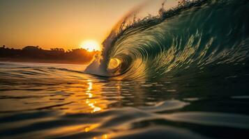 Indonesia a perfect wave sunset light, captured with a camera, image with grain, highly detailed. AI Generative photo