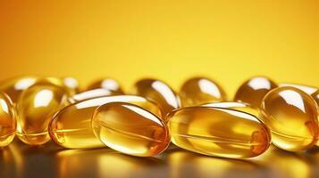 Bunch of omega 3 fish liver oil capsules in row forming pattern background. Healthy every day nutritional supplement. Flat lay, Generative AI photo
