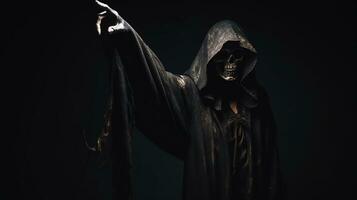 Grim reaper reaching towards the camera over dark background, generative ai photo