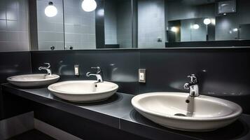 Modern sinks with mirror in public toilet. AI Generative photo