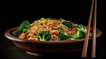Chow Mein, fried noodles with chicken and vegetables. horizontal view from above, generative ai photo