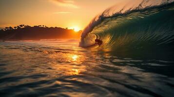 Indonesia a perfect wave sunset light, captured with a camera, image with grain, highly detailed. AI Generative photo