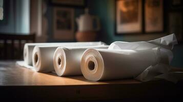 Rolls of paper towels on table indoors, AI Generative photo