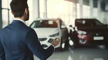 Car dealership sales person at work concept. Portrait of young sales representative wearing formal wear suit, showing vehicles at automobile exhibit center. Close up, Generative AI photo