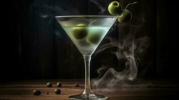 A martini glass is filled with clear vodka and liquid nitrogen, one detailed small green olive is in the martini glass, the martini glass is sitting on an old wooden table. Generative AI photo