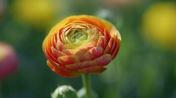 A beautiful blossoming ranunculus bud in the field. Persian buttercup flower farm at springtime blooming season. AI Generative photo