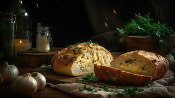 Tasty bread with garlic, cheese and herbs on kitchen table. AI Generative photo