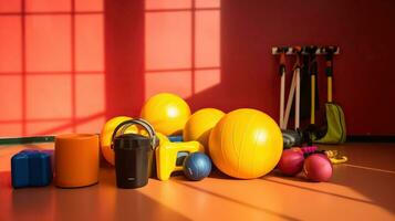 Set of sport equipment on floor near color wall. AI Generative photo