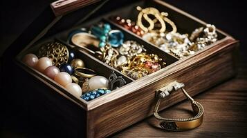 Collection of bijouterie in jewelry box. AI Generative photo