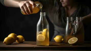 Woman pouring from bottle fresh kombucha with lemon and ginger into glass, generative ai photo