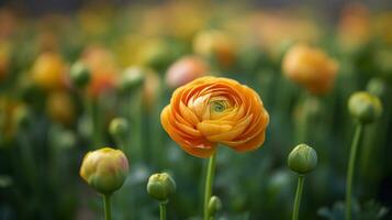 Close up shot of a beautiful blossoming ranunculus bud in the field. Persian buttercup flower farm at springtime blooming season. AI Generative photo