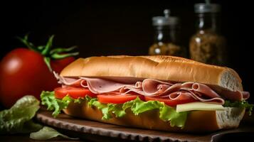 fiambres rebanado jamón en tostado francés junquillo con Derretido queso Provolone, iceberg lechuga, y 4 4 rebanadas de Roma Tomates, clásico italiano alimento. generativo ai foto