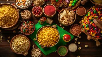 Festa Junina party background with popcorn, peanuts and traditional sweets. Brazilian summer harvest festival concept, generative ai photo