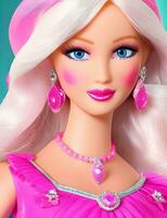 un retrato de un bonito joven mujer me gusta un Barbie muñeca, vistiendo rosado vestir anuncio sonriente, ai generado foto