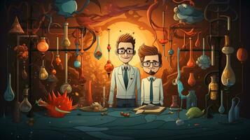 2d cartoon of a scientist in a laboratory ai photo