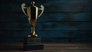 Winner Trophy Proudly Displayed on a Wooden Table wiith book and flower as. Generative AI photo