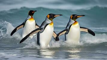 King penguins going from blue water, Atlantic ocean. Generative AI photo