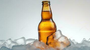 Bottle of beer in ice on a white background. Generative AI photo