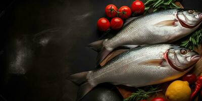 Sea fish on a dark table with tomatoes and spices. Generative AI photo