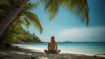 A Picture of Peace and Contentment as a Young Woman Enjoys the Tropical Island Shoreline, Sheltered by Graceful Coconut Trees. Generative AI photo