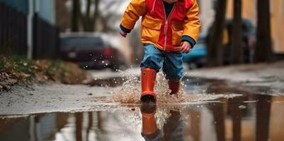 Little boy playing in puddle, Generative AI photo