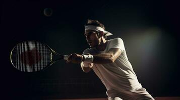 A tennis player hitting the ball next to the net. Generative AI photo