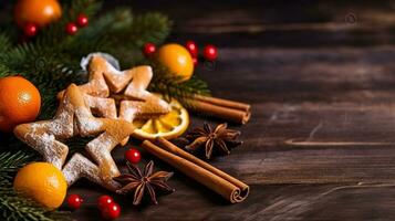 Christmas background with cinnamon stars and sticks, dried oranges and star anise, Generative AI photo