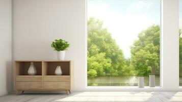 A Tranquil White Room with a Shelf and Enchanting Green Landscape Framed in the Window. Generative AI photo