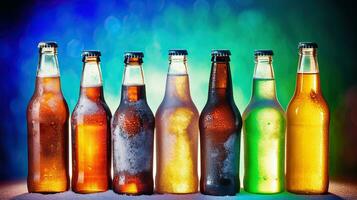 Beer bottles on ice against a colorful background, Generative AI photo