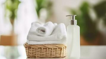 Liquid soap bottle, white towel on basket in bathroom. Hygiene and healthy life concept. Close up, Generative AI photo