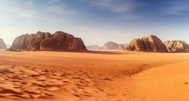 panorámico ver a rojo arena Desierto con montañas rocas generativo ai foto