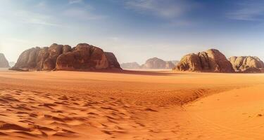 Panoramic view to red sand desert with mountains rocks. Generative AI photo