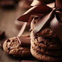 chocolate galletas con cinta en de madera mesa. ai generativo foto
