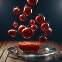 Levitation of red tomatoes. Vegetables fall into a glass plate on a wooden table. The texture of the oil. AI Generative photo