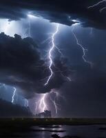 powerful and dynamic depiction of a thunderstorm, with bolts of lightning illuminating the dark skies. photo