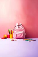 backpack school supplies pink school bag with copy space. generative ai photo